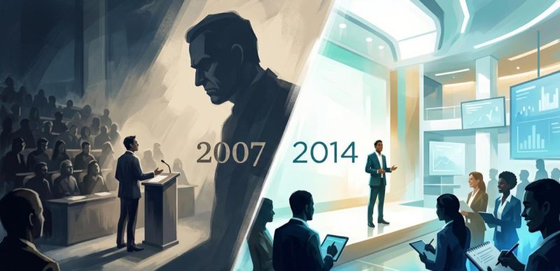 Ilustração contrastando dois momentos da liderança — 2007 e 2014 — sobre filtrar feedback